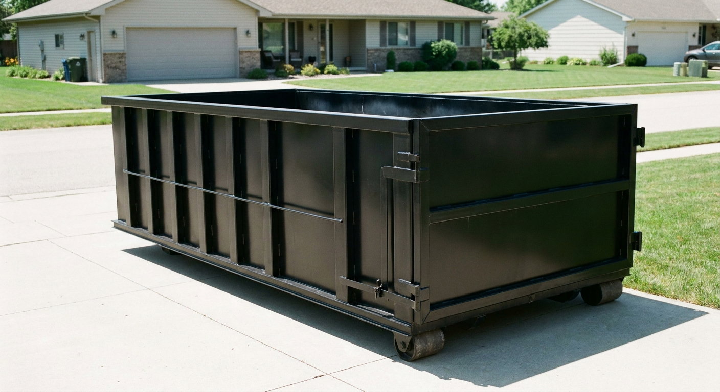 Matte-black 10-yard roll-off dumpster on a residential concrete driveway in Battle Creek, uniformly painted matte black across every panel and rail, ribbed steel sidewalls and rear swing door visible, mid-day daylight.