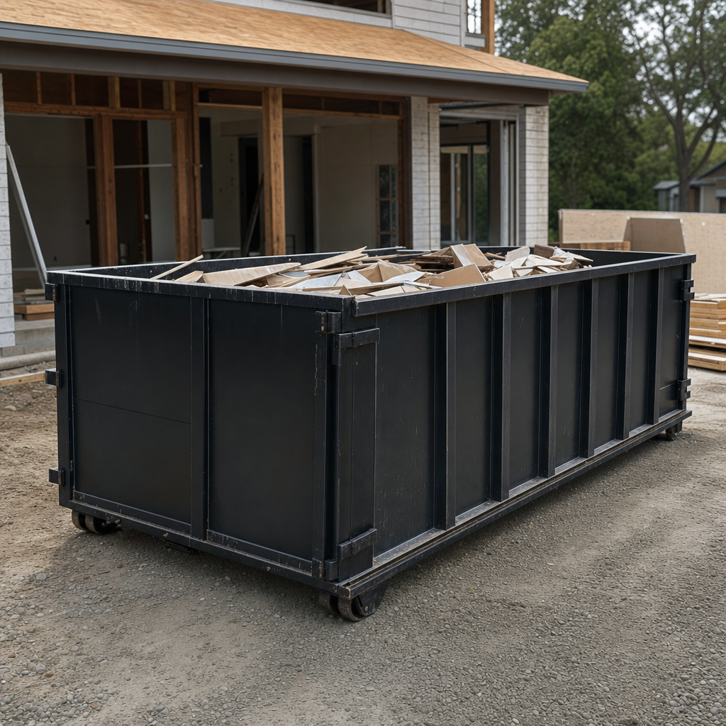 Large matte-black 30-yard construction roll-off dumpster at an active Battle Creek jobsite, steel-gray top rails and bottom rollers visible, loaded with construction debris.