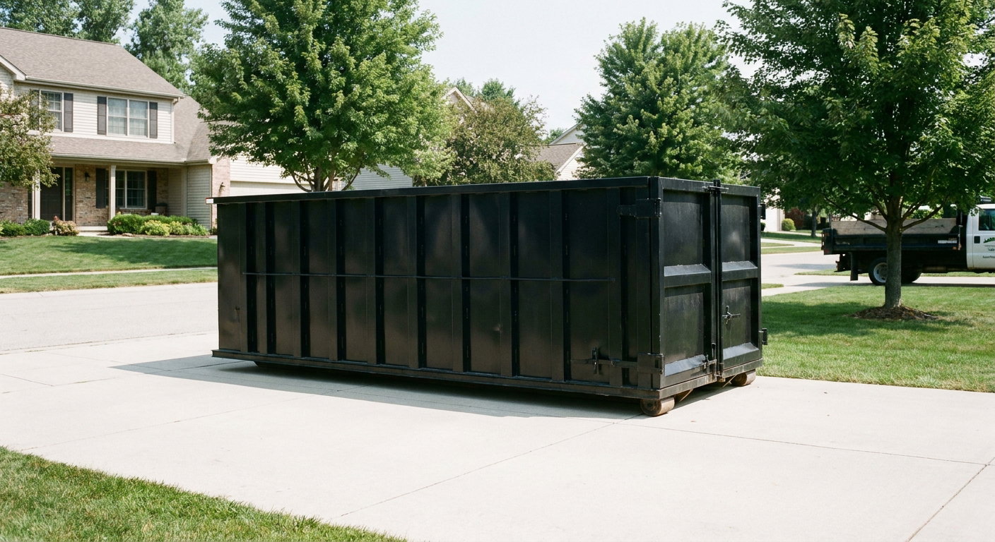 Matte-black 20-yard roll-off dumpster sitting level on a clean Battle Creek residential concrete driveway under bright daylight, demonstrating clean placement directly on the concrete.