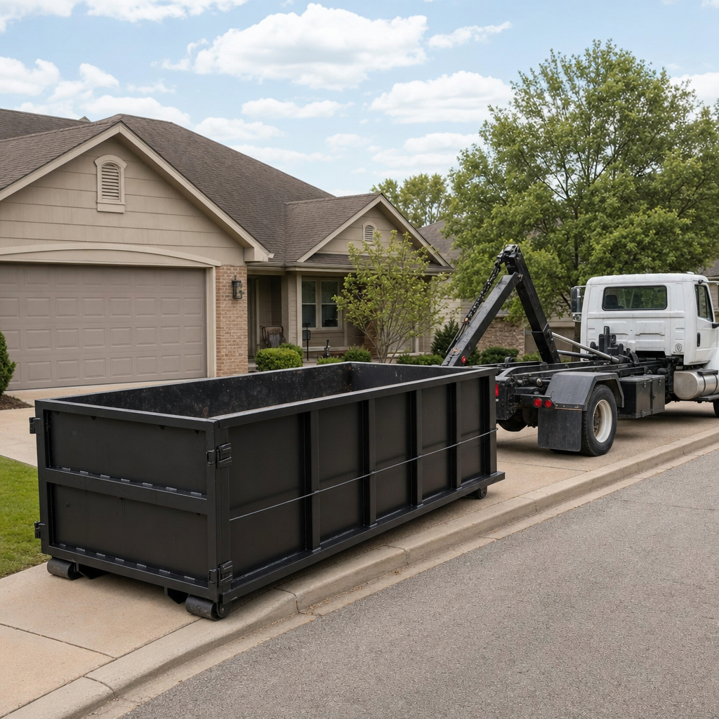 Wide documentary shot of a matte-black roll-off dumpster on a Battle Creek residential driveway in the foreground and a contractor jobsite container in the soft-focus background, bright daylight, calm and orderly composition.